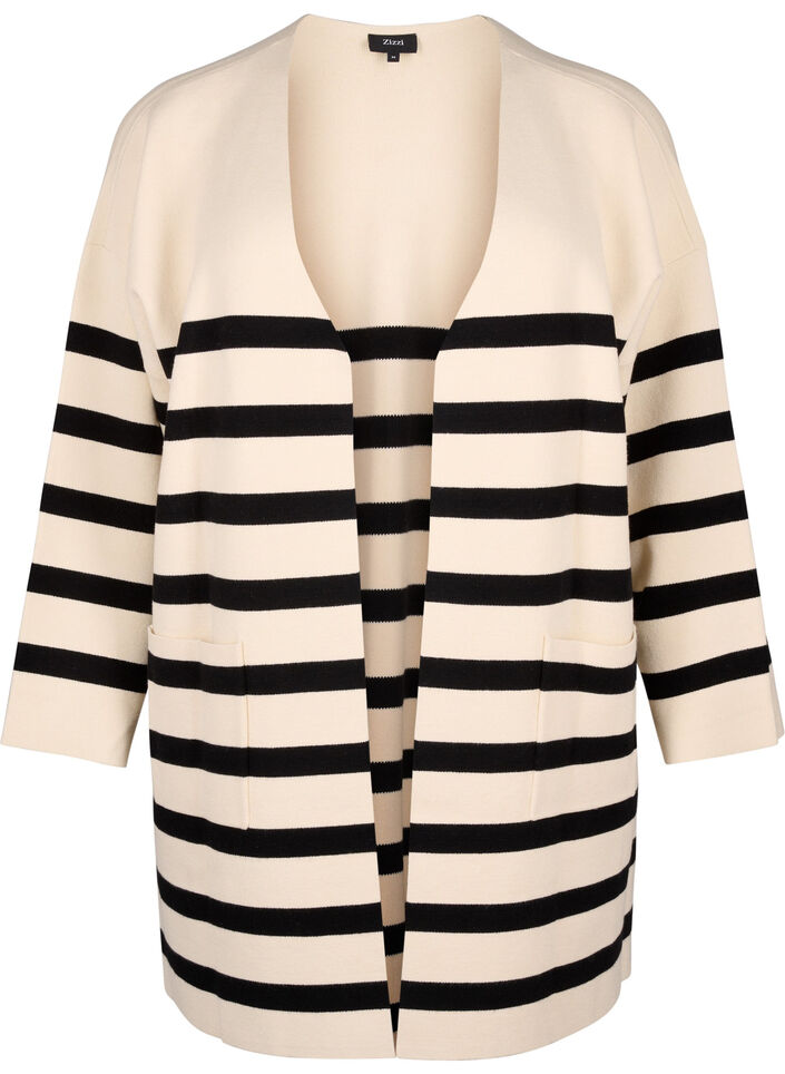 Long striped knitted cardigan, Birch w/Black, Packshot image number 0