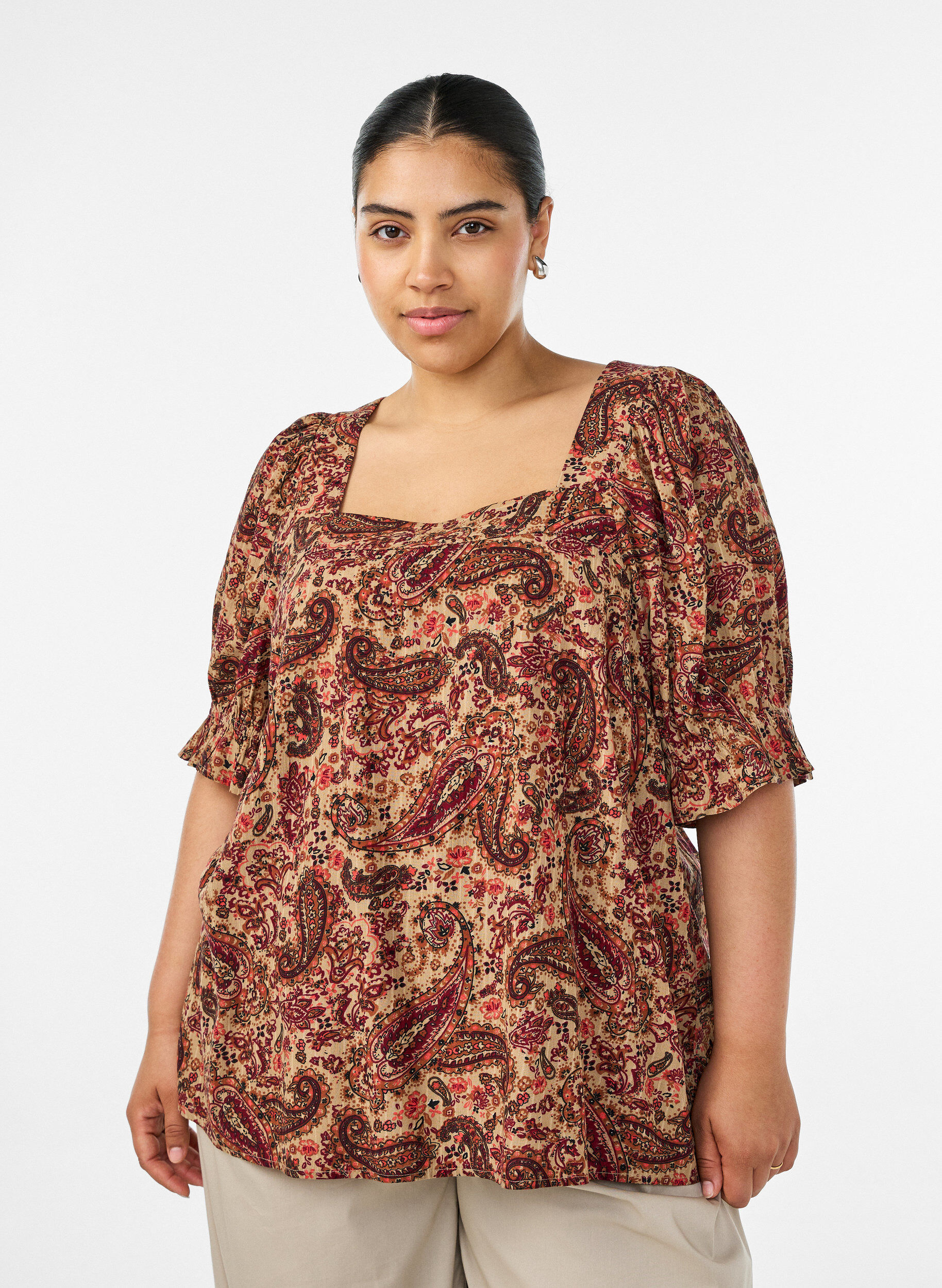 Zizzifashion Viscose blouse with paisley print and a square neckline, Brown, Model image number 0