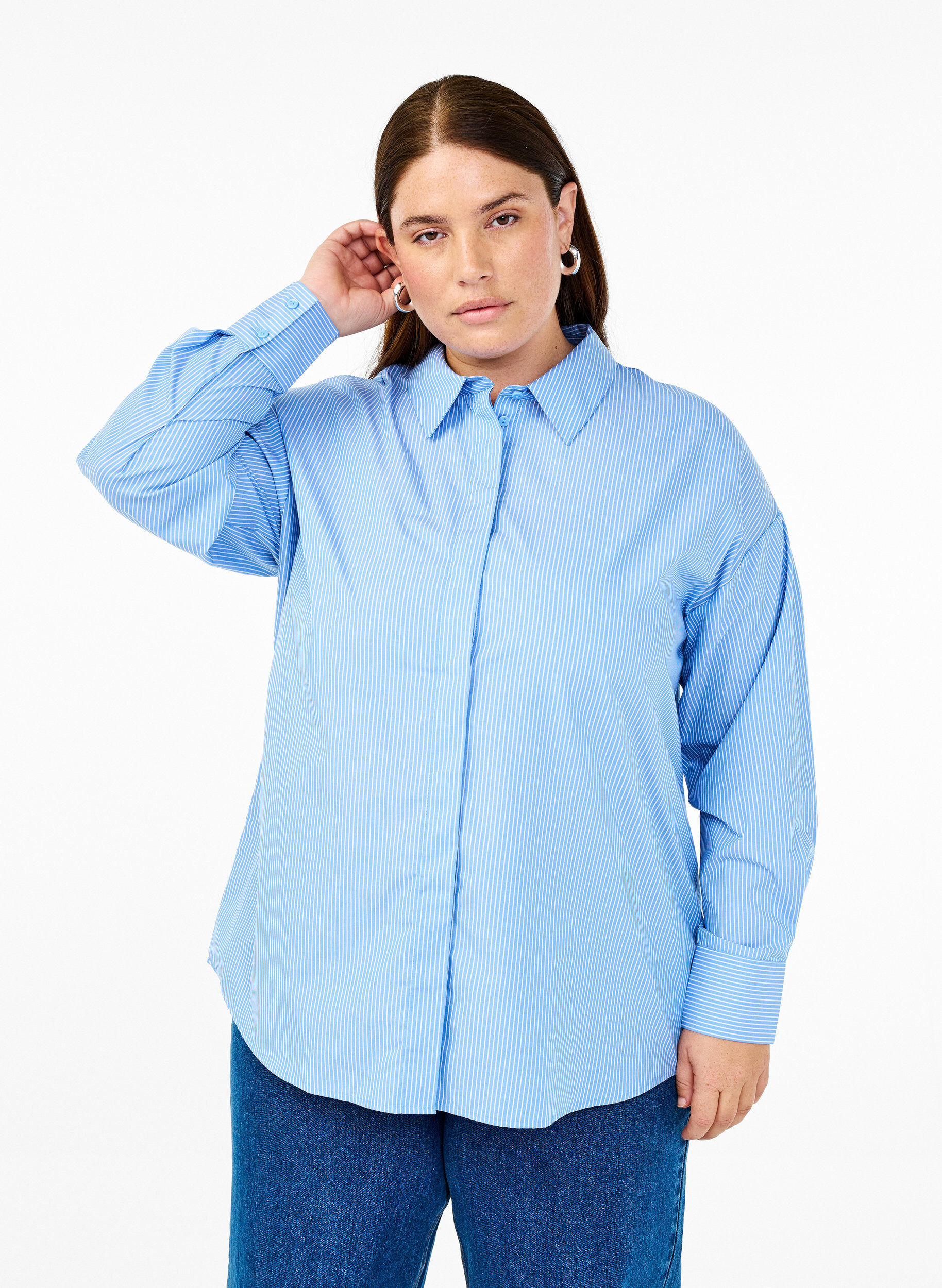 Zizzifashion Loose long-sleeved shirt with stripes, Light Blue, Model image number 0