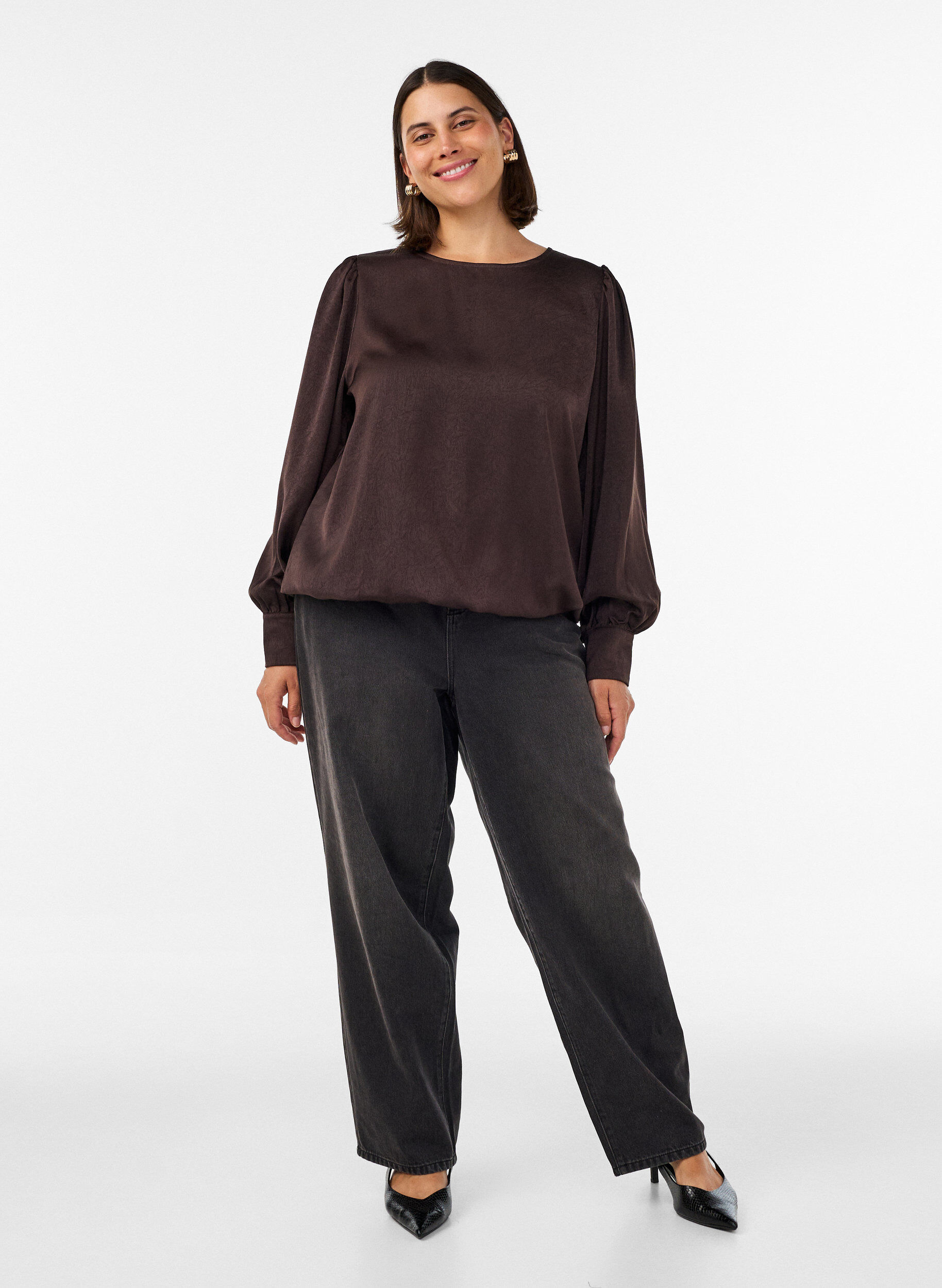 ZizzifashionSatin-look blouse with a balloon shape, Brown, Model image number 1