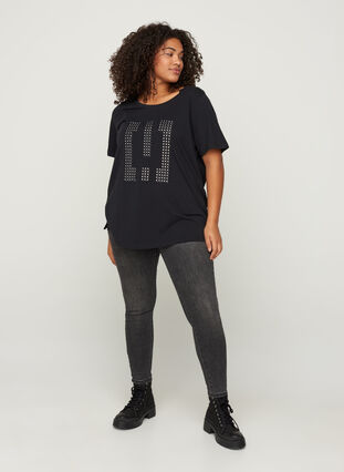 Cotton t-shirt with sequins, Black w Excla, Model image number 2
