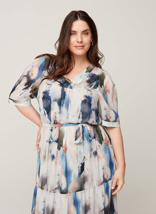 Printed maxi dress with a waist tie, Watercolor AOP, Model image number 2