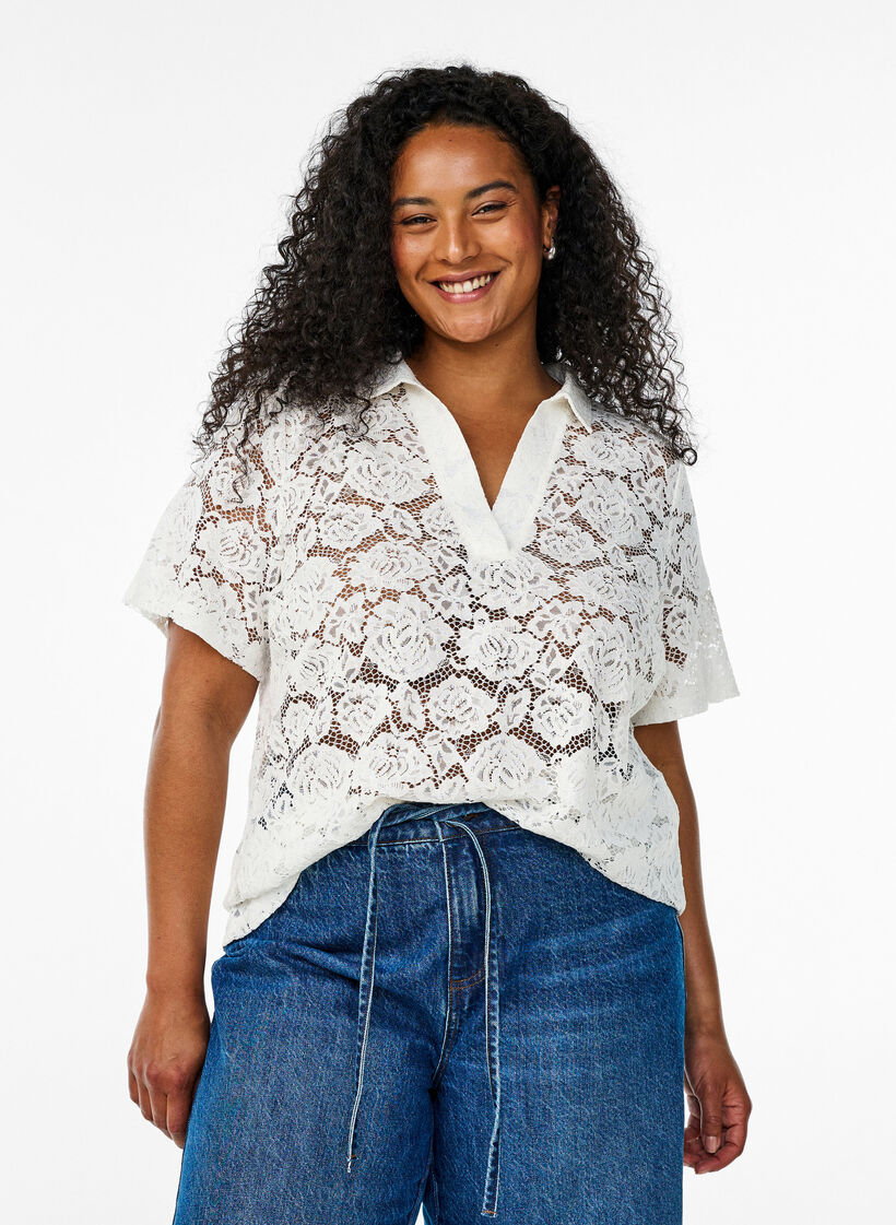Lace blouse with a collar and V-neck, Vanilla, Model image number 0