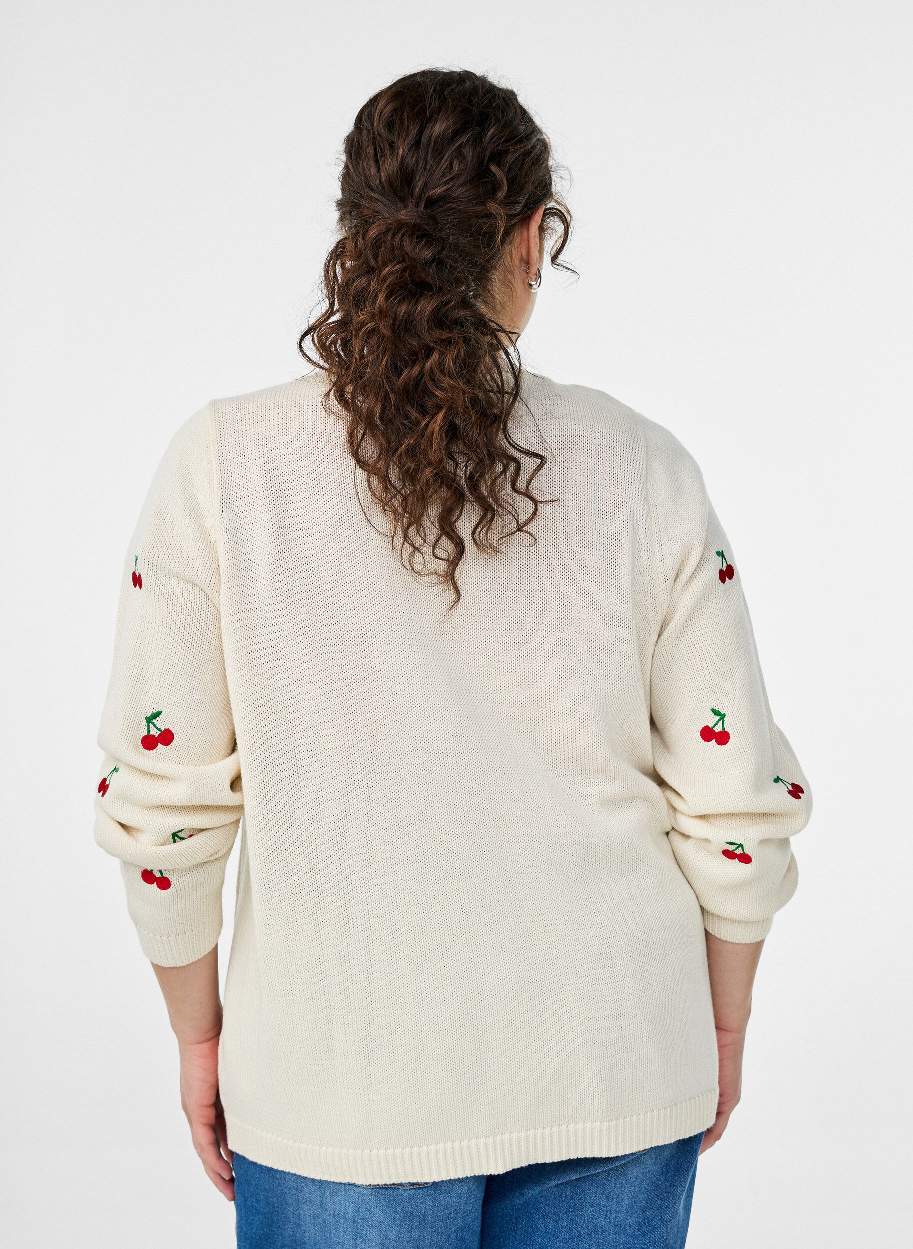 Zizzifashion Knitted cardigan with cherry embroidery, Vanilla, Model image number 2