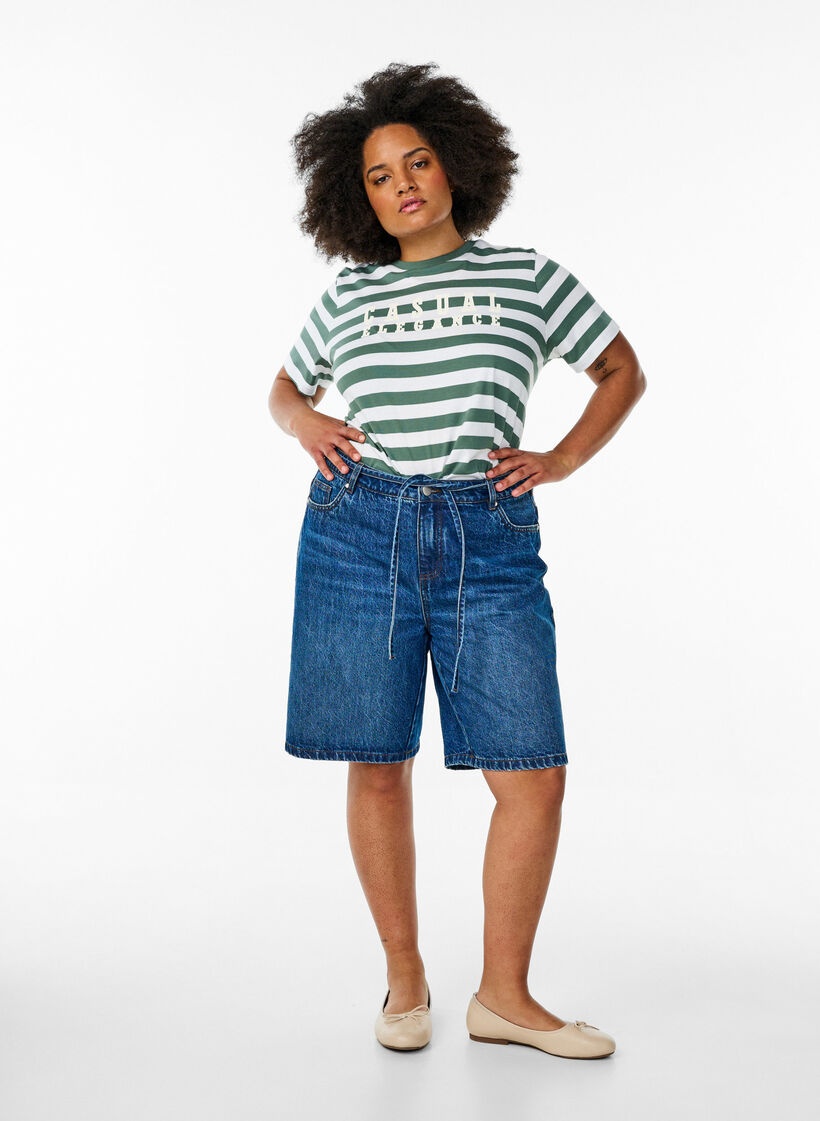 Organic cotton T-shirt with stripes and text, Green, Model image number 1