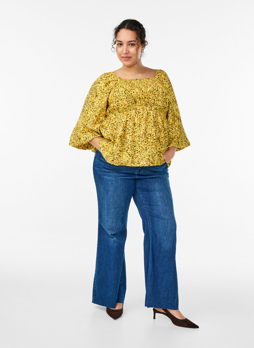 Blouse with smock and square neckline, Yellow, Model image number 1