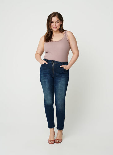 Cropped Nille jeans with frayed edges, Blue denim, Model image number 0