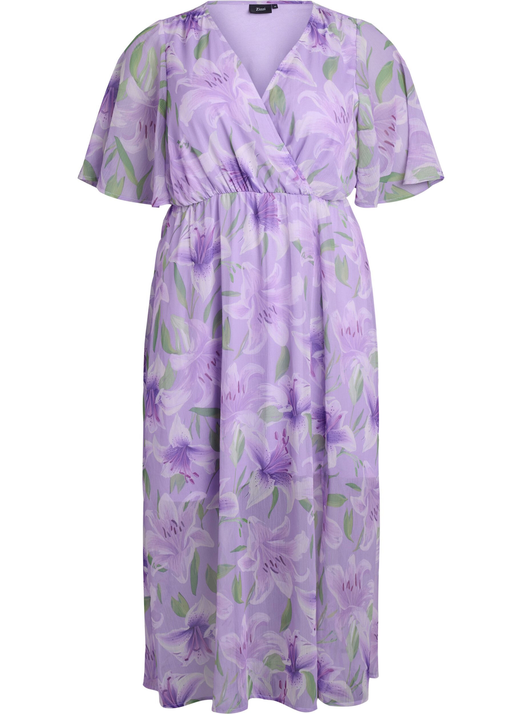 Long chiffon dress with floral print and short sleeves