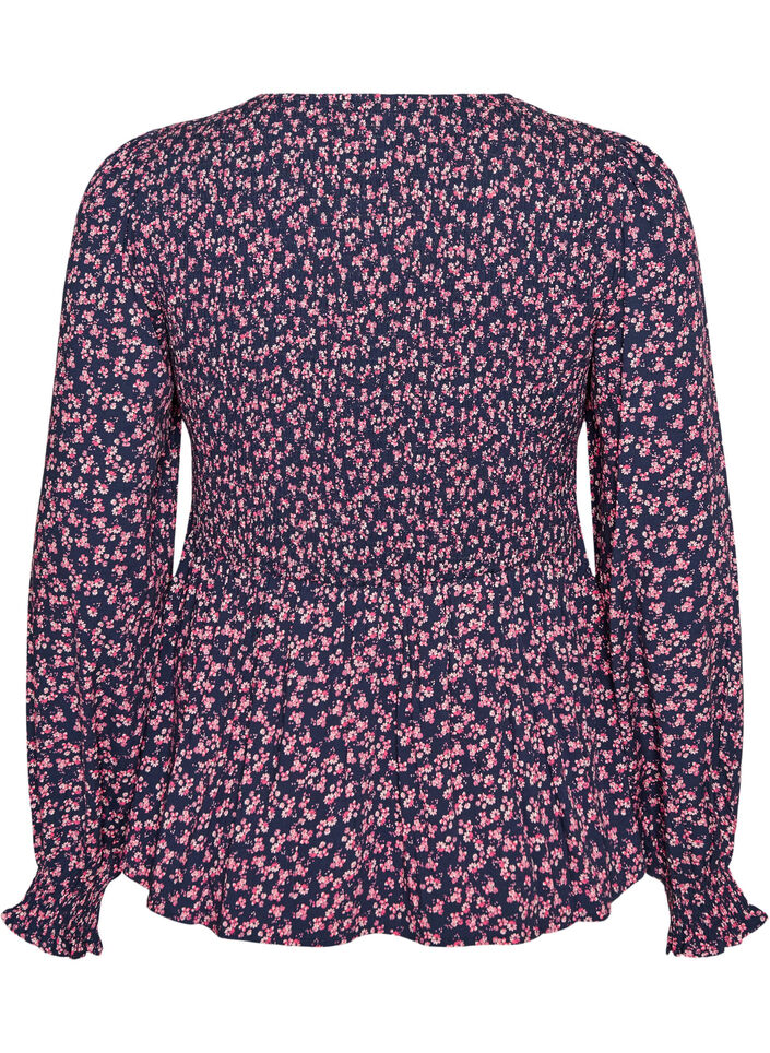Blouse with smocked top and floral print, Blue, Packshot image number 1