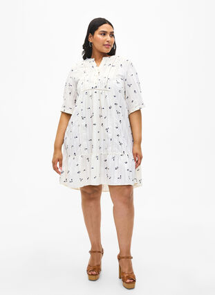 Short viscose dress with lace trim and A-line cut, Birch w. Flower, Model image number 2