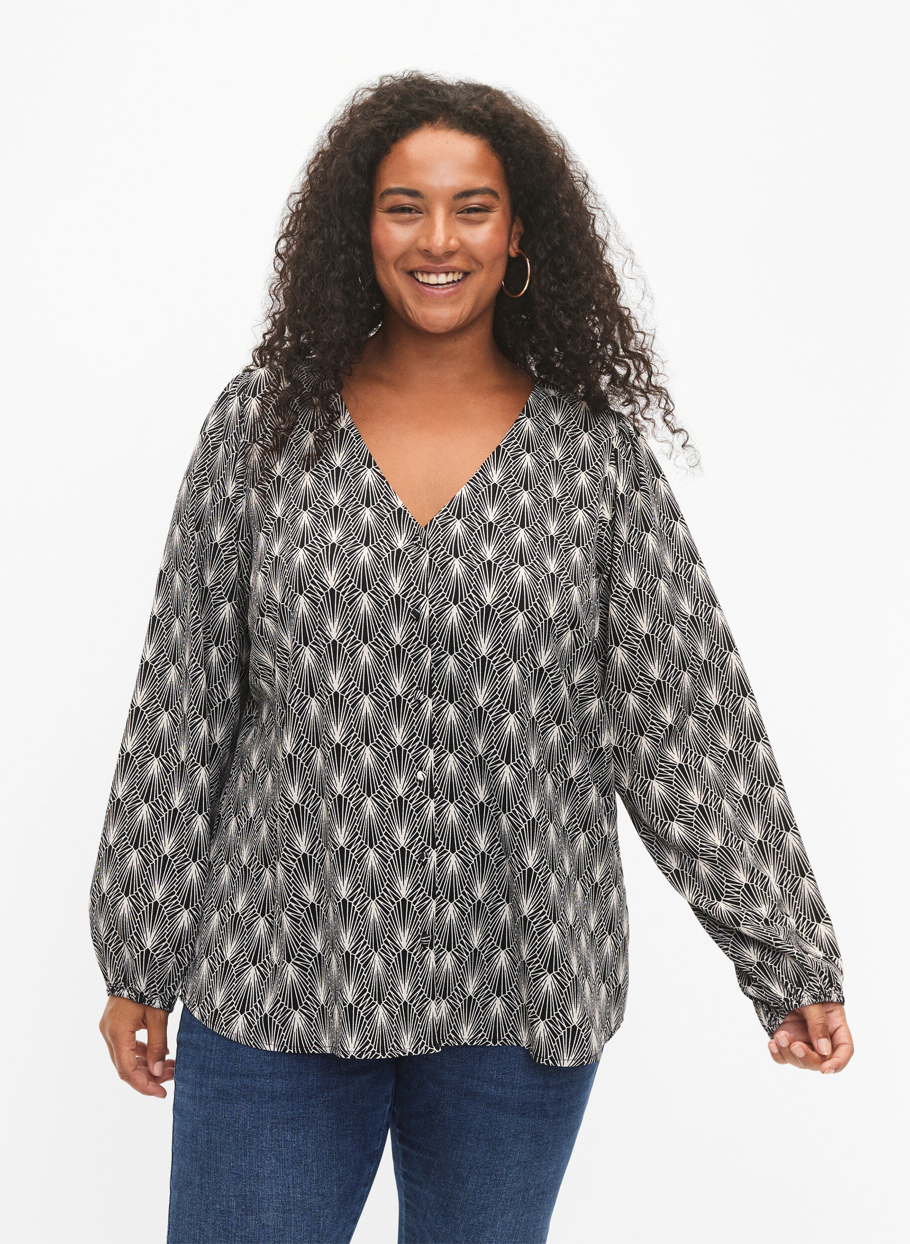 Zizzifashion Shirt blouse with v-neck and print, Birch Graphic AOP, Model image number 0