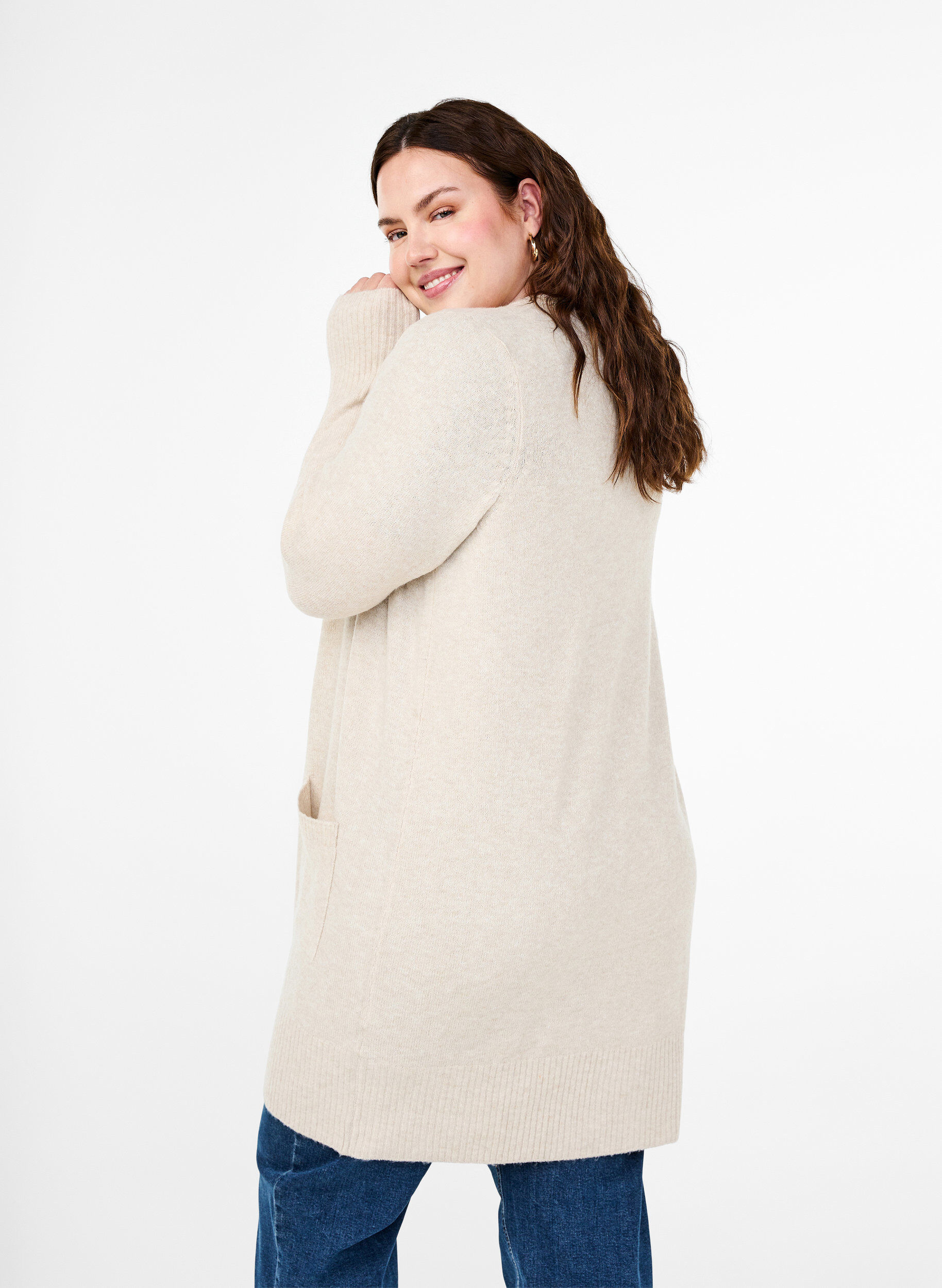 Zizzifashion Ribbed Knit Cardigan with Pockets, Beige, Model image number 2