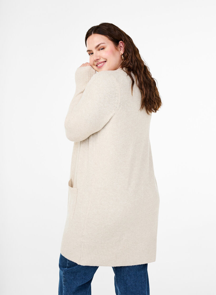 Ribbed Knit Cardigan with Pockets, Beige, Model image number 2