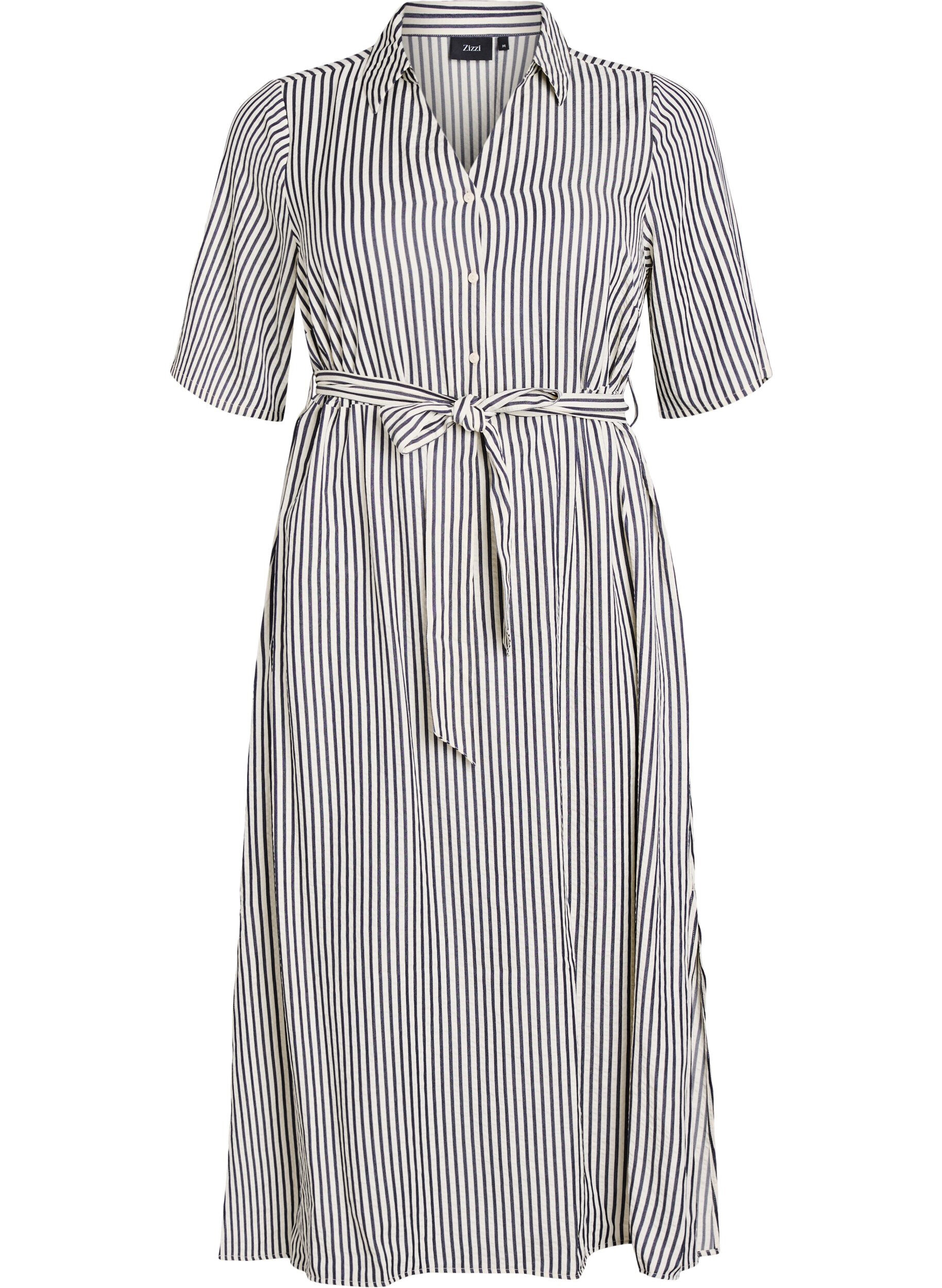 Ankle-length shirt dress with tie belt and stripes