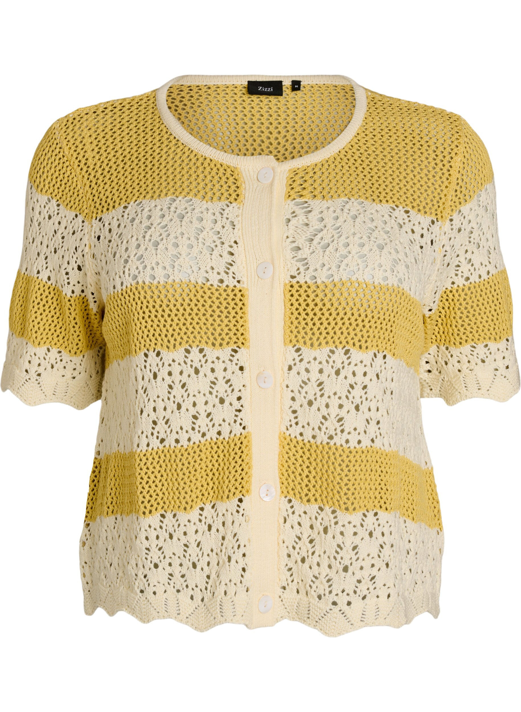 Zizzifashion Knitted cardigan with eyelet embroidery and stripes, Yellow, Packshot image number 0