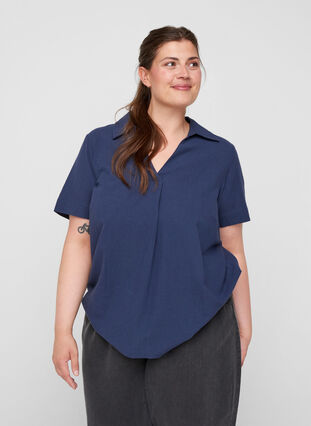 Short-sleeved cotton blouse with v-neck and collar, Mood Indigo, Model image number 0