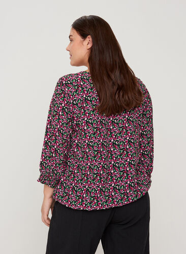 Printed viscose blouse with smock and 3/4 sleeves, Black AOP, Model image number 1