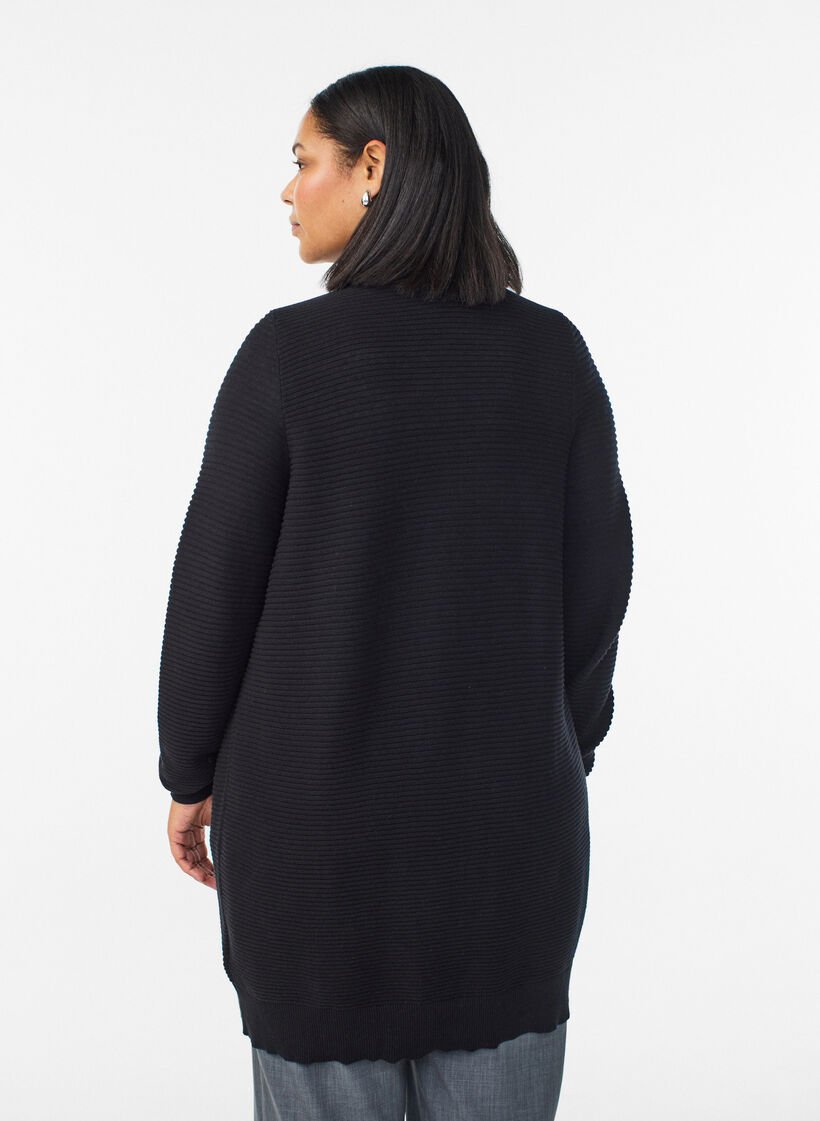 Long rib-knitted cotton cardigan, Black, Model image number 2