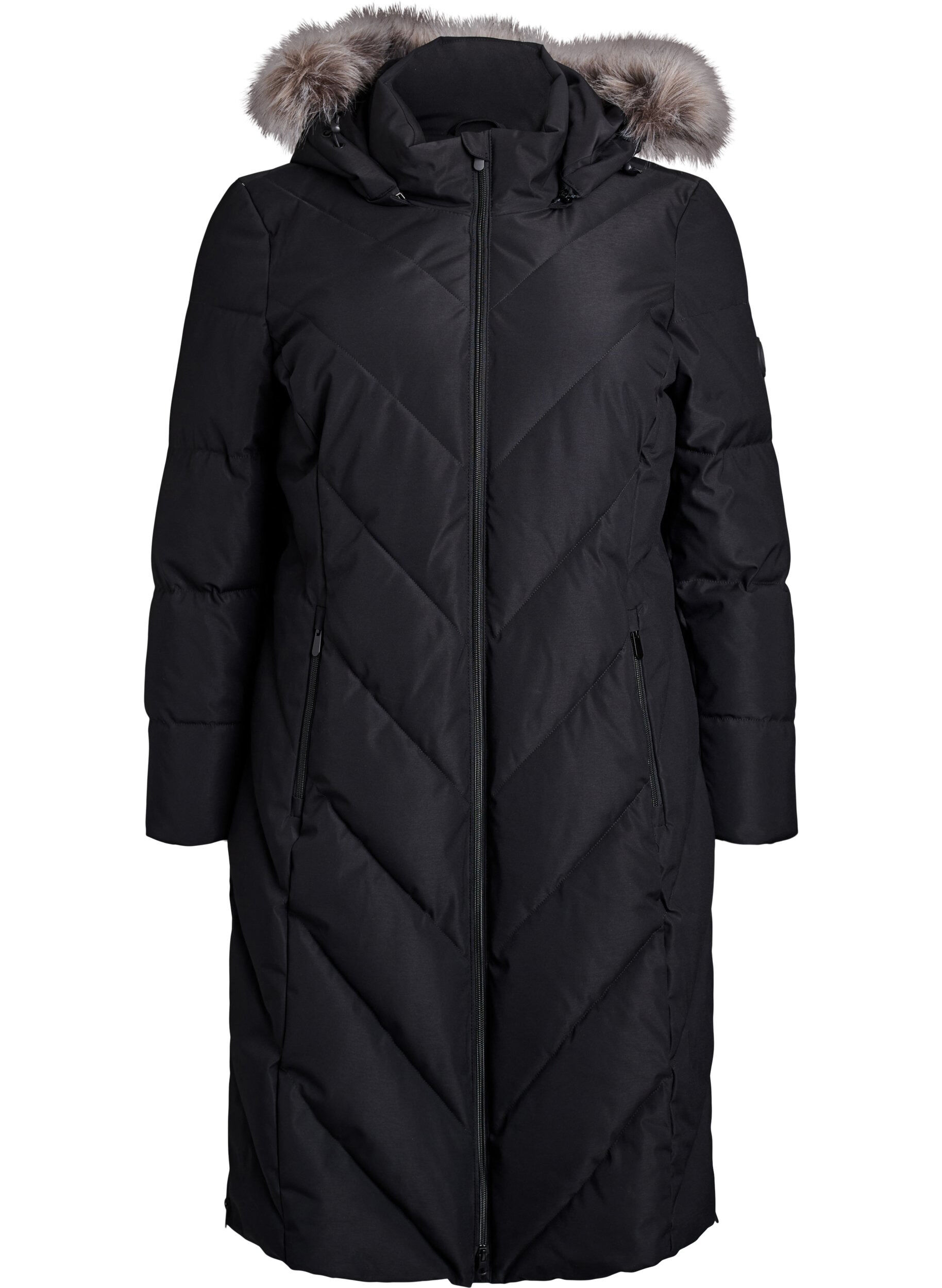 ZizzifashionLong winter coat with hook fastenings and a faux fur collar, Black, Packshot image number 0