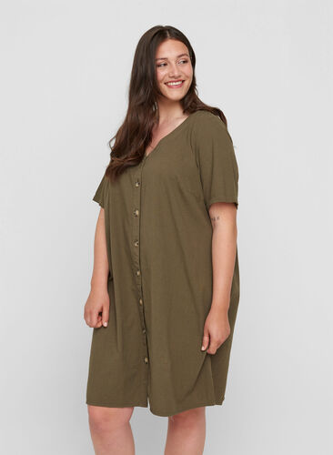 Short-sleeved cotton dress with buttons, Ivy Green, Model image number 0