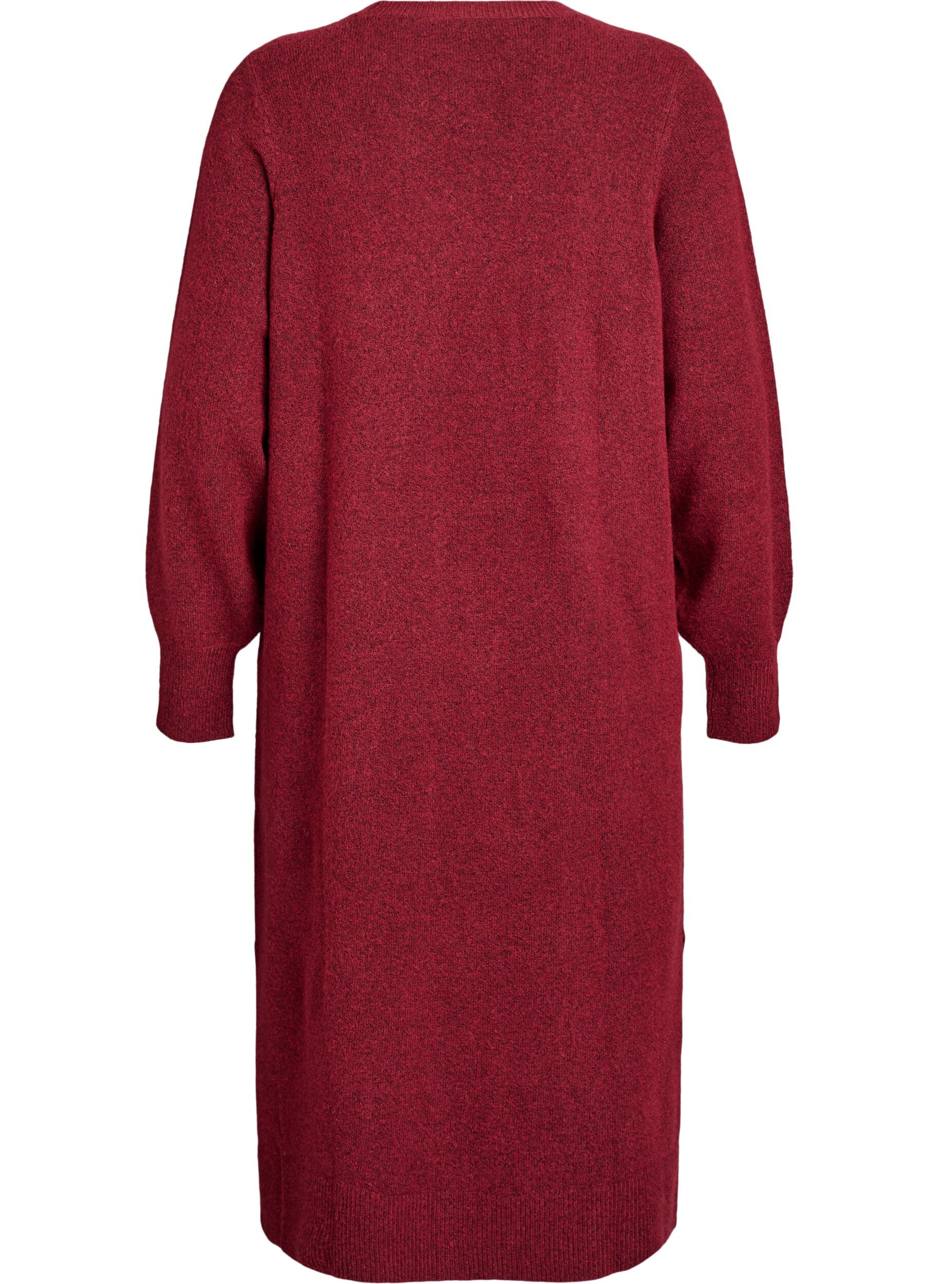 ZizzifashionLong-sleeved knit dress with V-neck, Red, Packshot image number 1