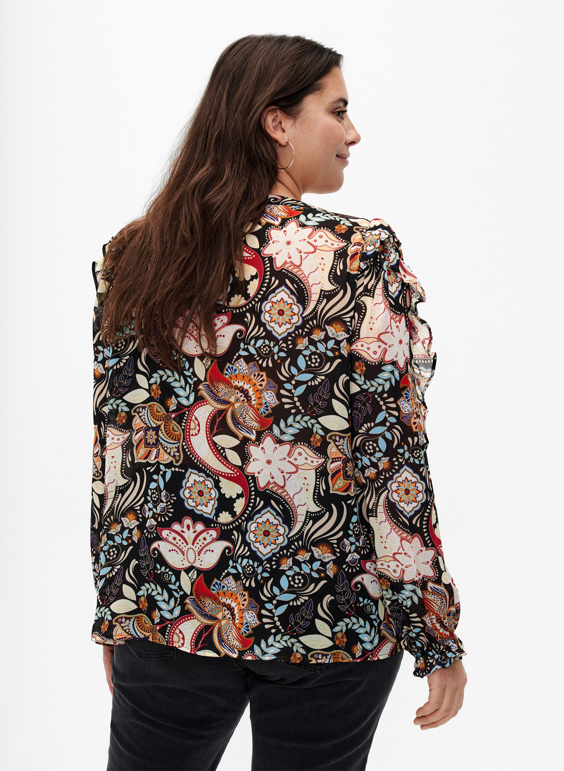 Zizzifashion Shirt blouse with ruffles and paisley print, Black Paisley, Model image number 1