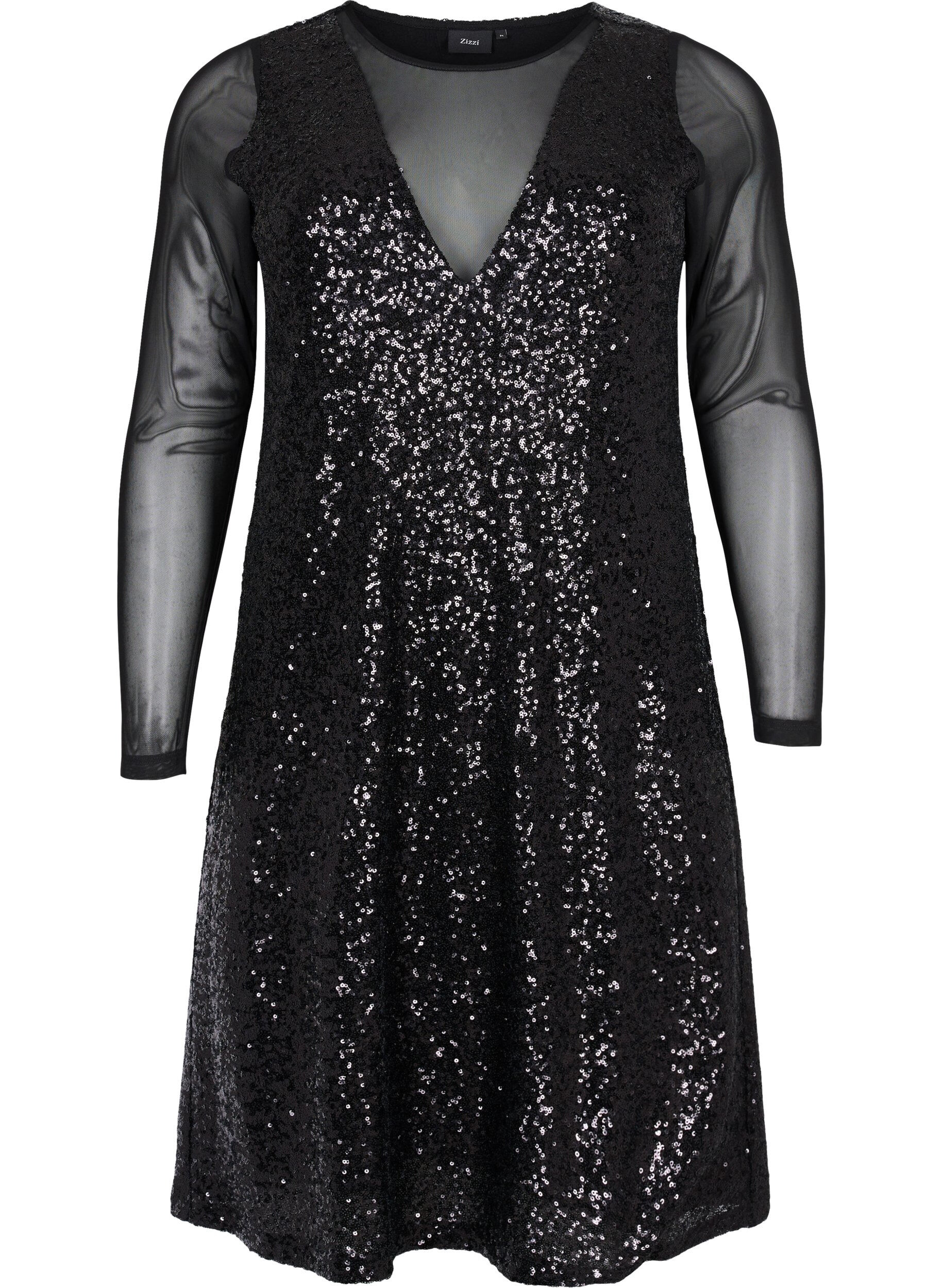 Zizzifashion A-line sequin dress with long sleeves, Black, Packshot image number 0