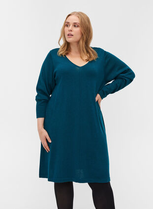 Plain V-neck knitted dress, Reflecting Pond, Model image number 0