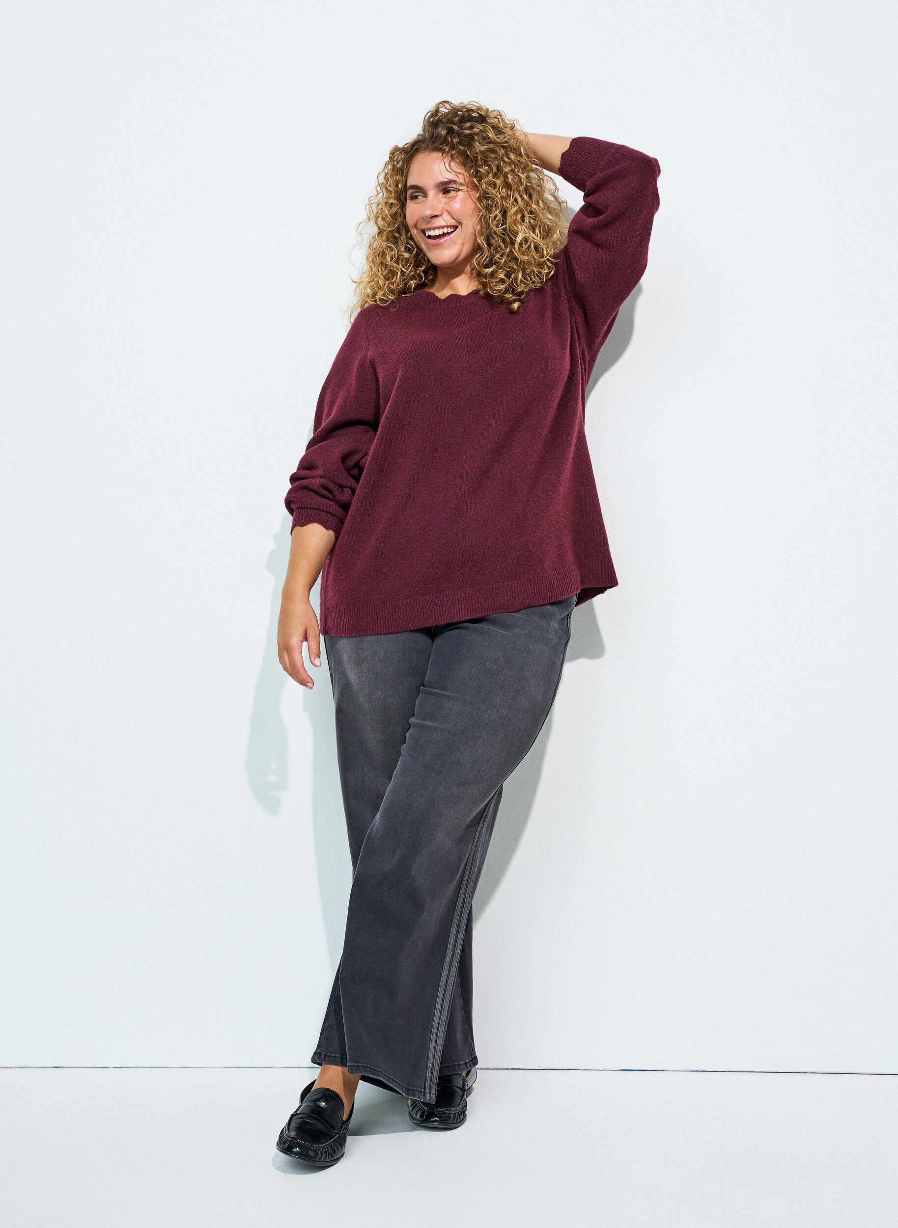 ZizzifashionKnitted blouse with wavy edges, Red, Model image number 1