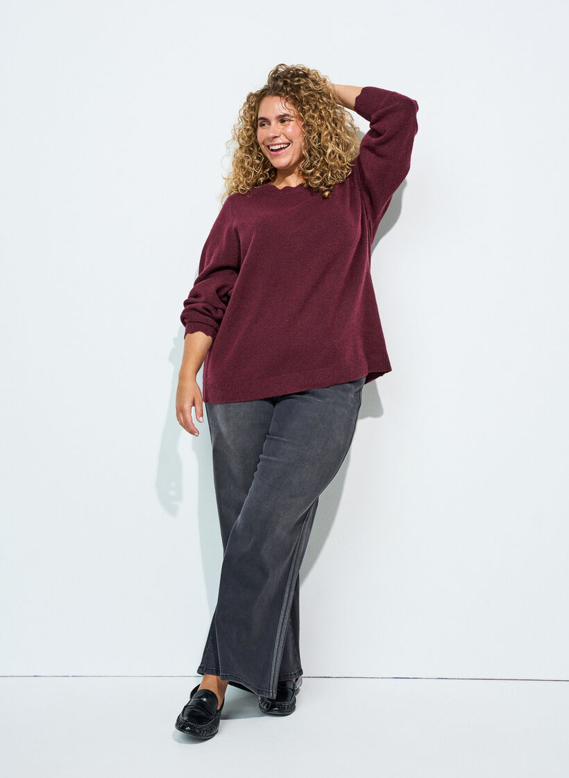 Knitted blouse with wavy edges, Red, Model image number 1
