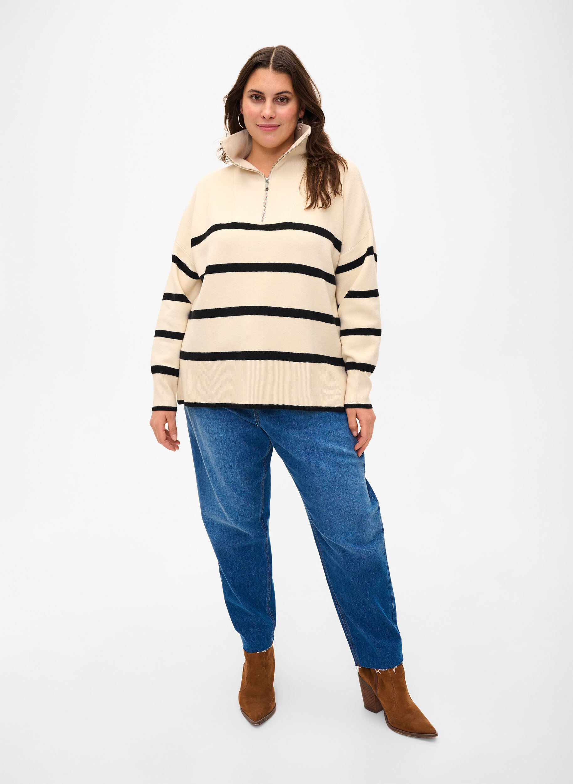 Zizzifashion Pullover with stripes and high collar	, Birch w. Black, Model image number 2