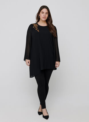 Tunic with an asymmetric hem and sequins, Black, Model image number 3