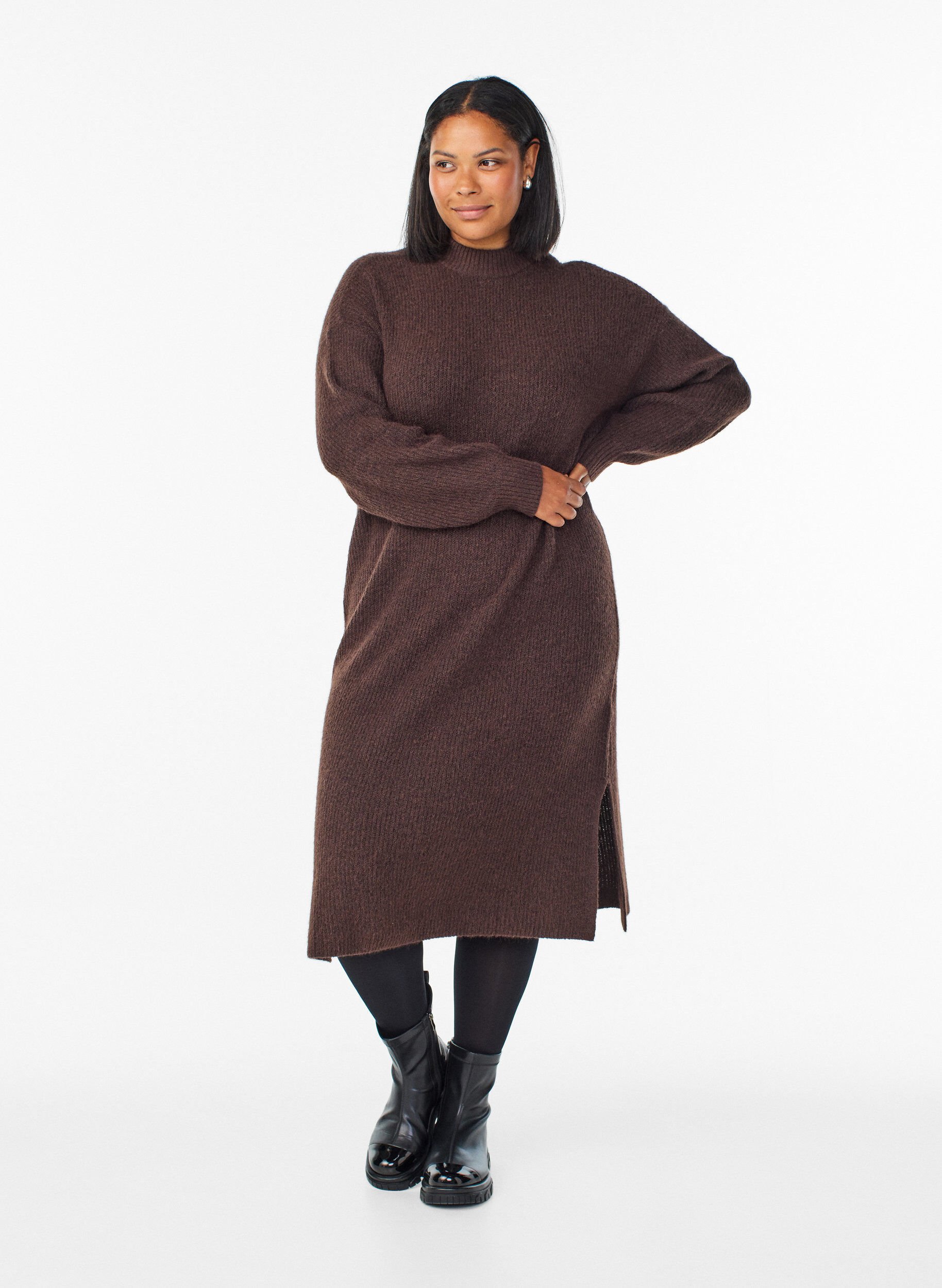 Long knitted dress with high neck, Brown, Model