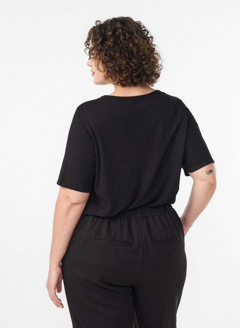 Short-sleeved knit blouse in viscose, Black, Model image number 2