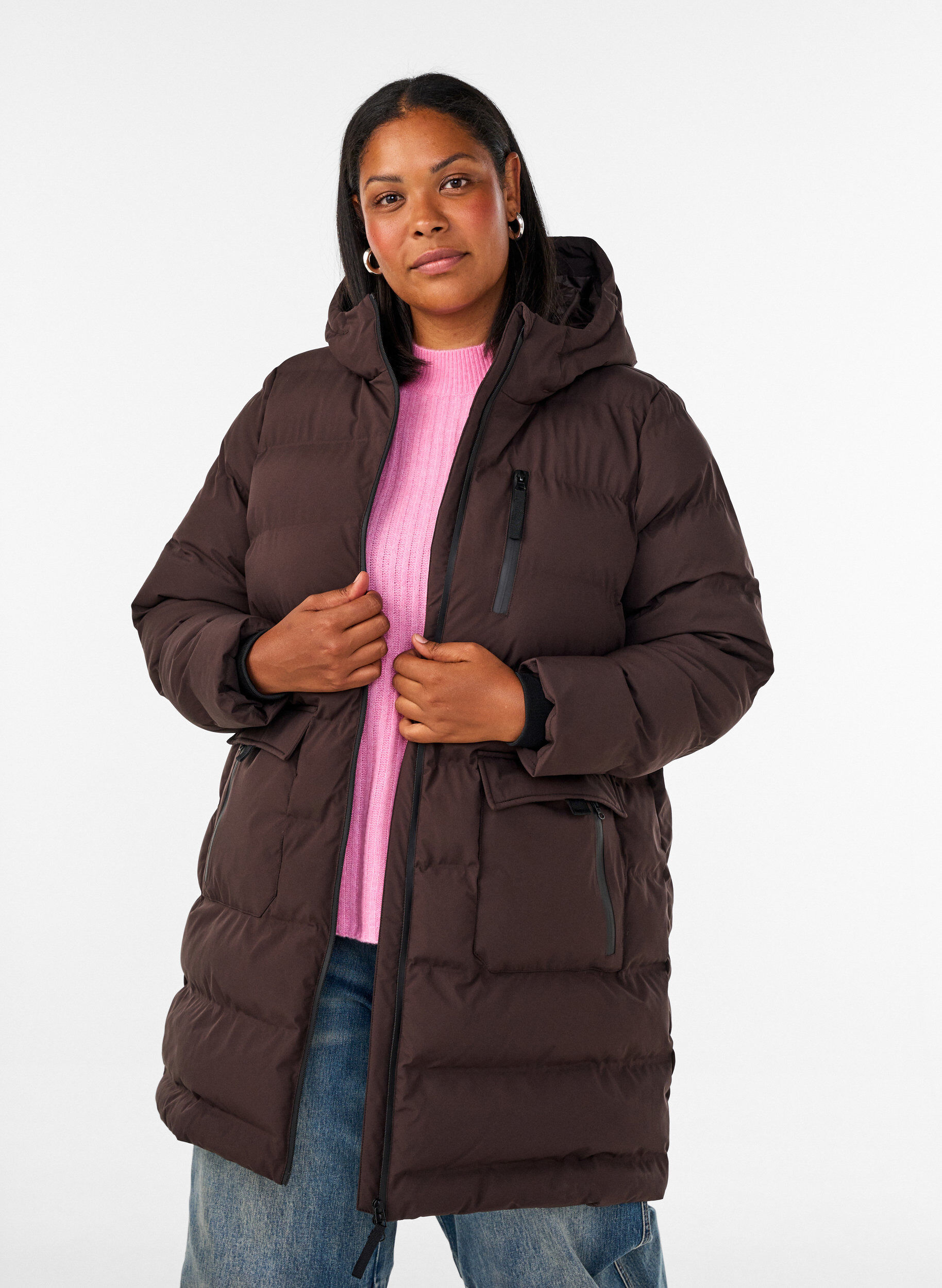 ZizzifashionPuffer coat with hood and pockets, Brown, Model image number 0
