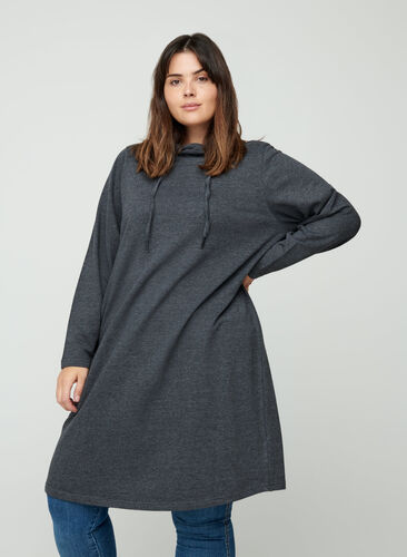 Simple sweat dress with a hood, Black, Model image number 0