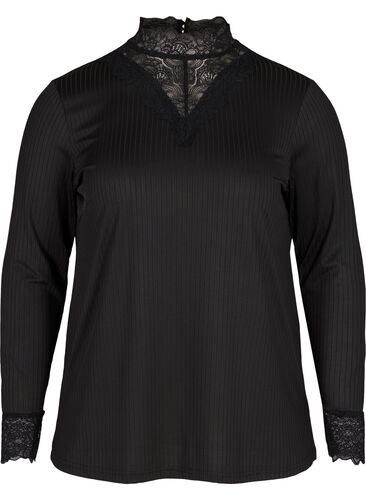 High neck blouse with lace details, Black, Packshot image number 0