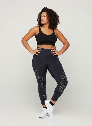 Cropped sports tights with reflectors, Black, Model image number 0