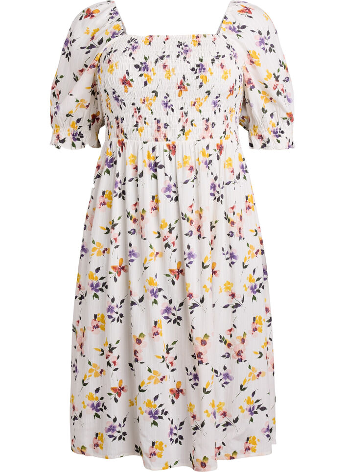 Floral viscose midi dress with smock, White, Packshot image number 0