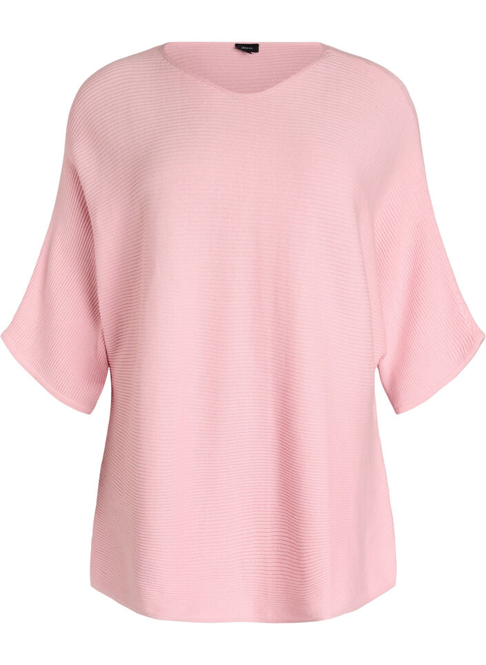 Knitted top with a boat neck and 1/2 sleeves, Pink, Packshot image number 0
