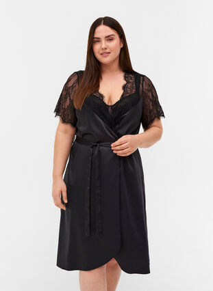 Dressing gown with lace sleeves, Black, Model image number 0