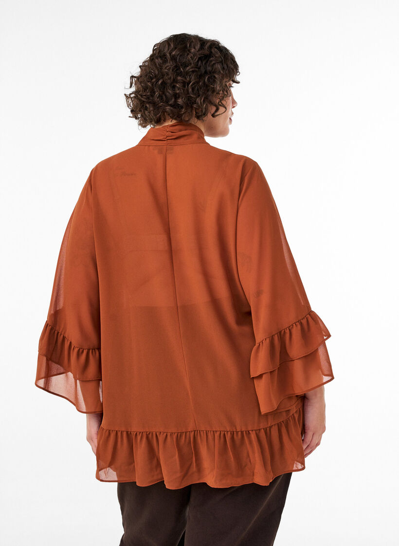 Blouse with ribbon tie and ruffle details, Brown, Model image number 2