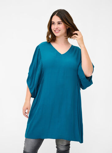 Viscose tunic with decorative 3/4 sleeves, Moroccan Blue, Model image number 0