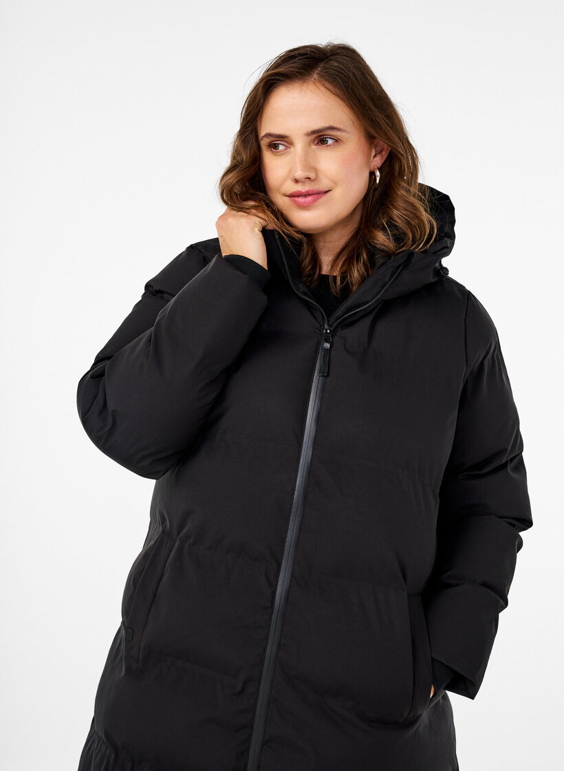 Long puffer winter coat with hood, Black, Model image number 2