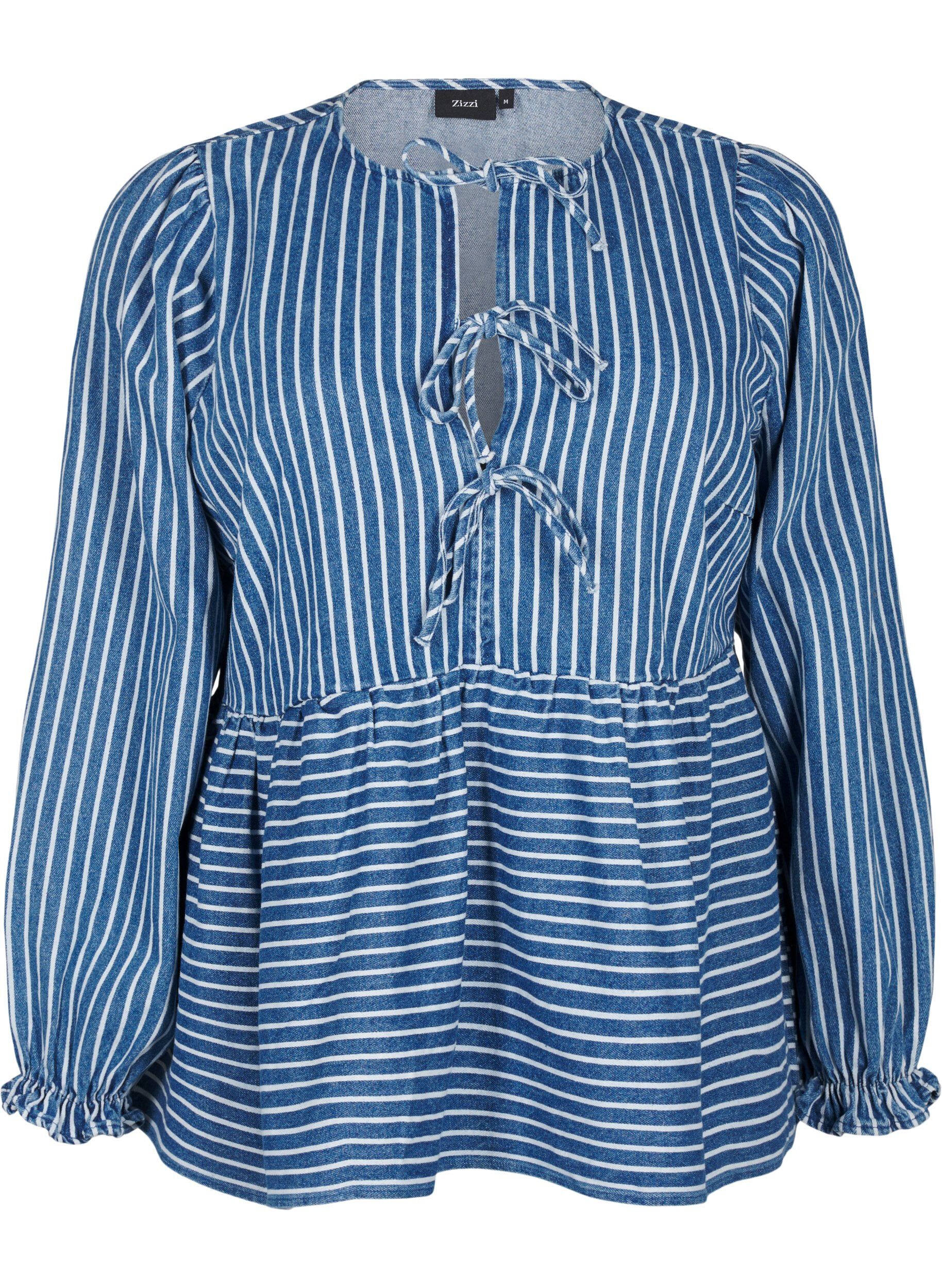 Zizzifashion Striped denim blouse with front tie, Blue, Packshot image number 0