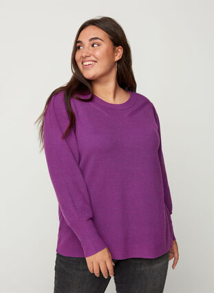 Knitted blouse with a ribbed pattern and balloon sleeves, Majesty, Model image number 0
