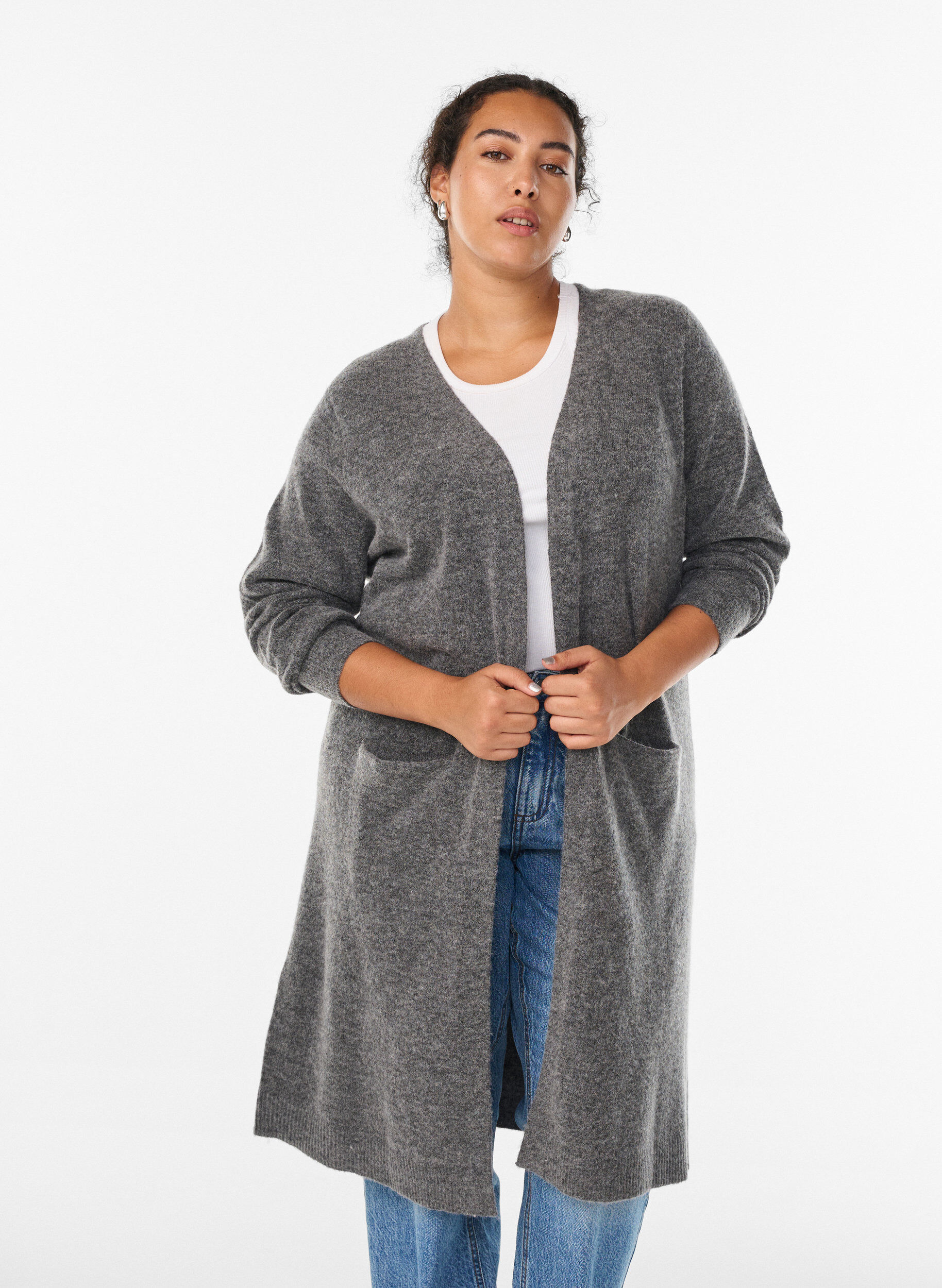 Long knit cardigan with wool and alpaca, Dark Grey, Model