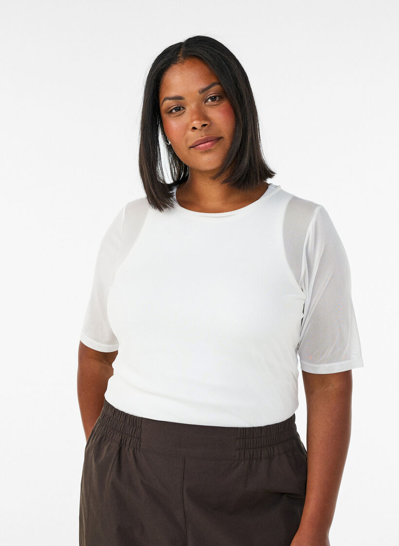 Mesh top with short sleeves and round neck, Vanilla, Model image number 0