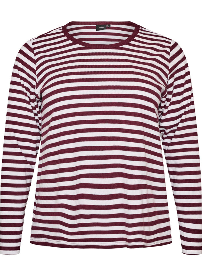 Long-sleeved night top in ribbed jersey with stripes, Red, Packshot image number 0