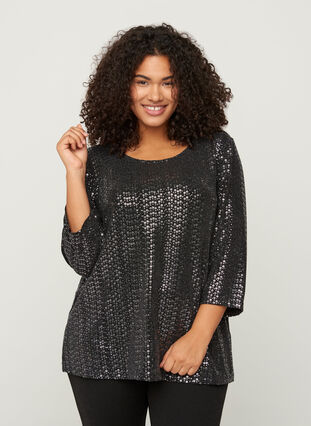 Blouse with 3/4 length sleeves and sequins, Black w Silver, Model image number 0